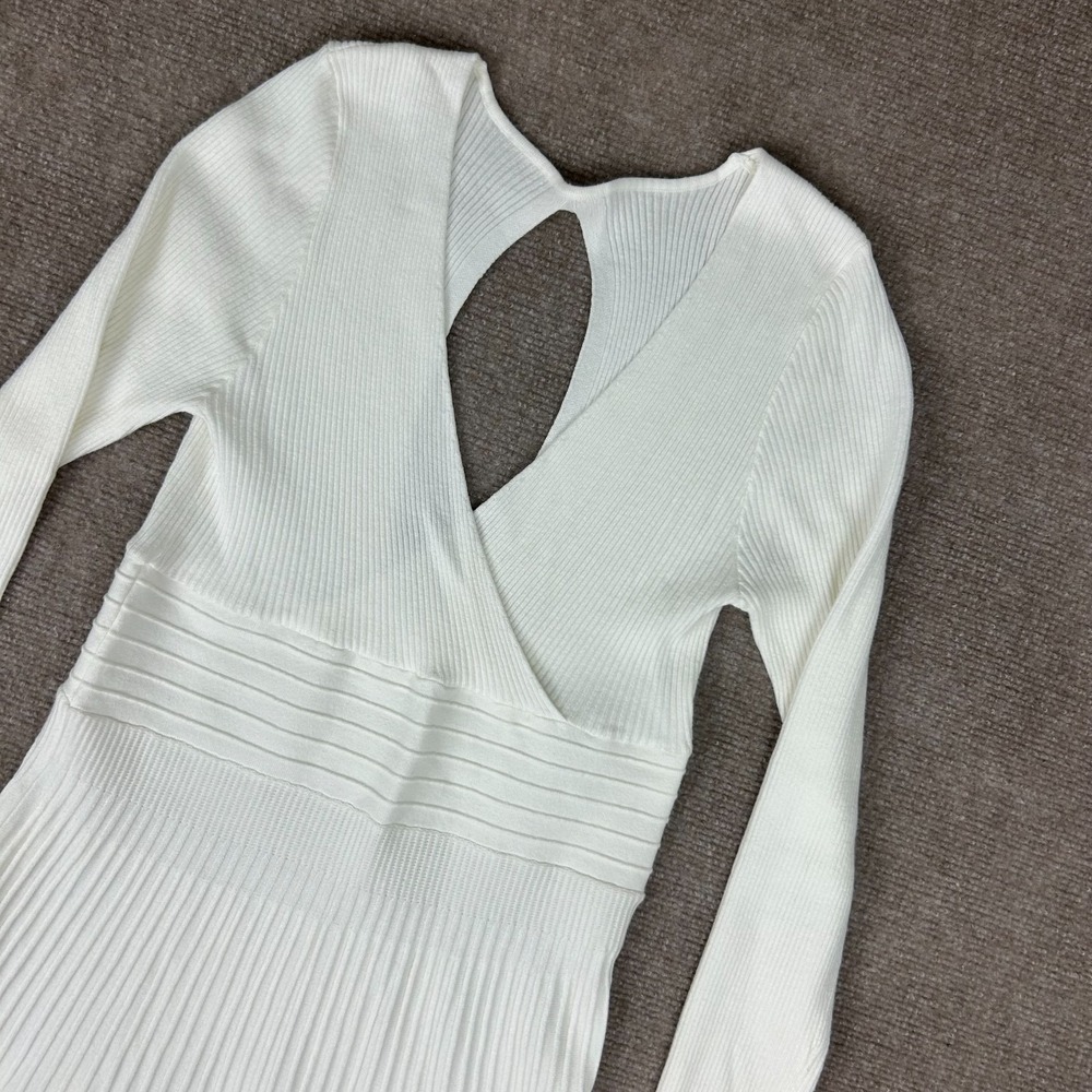 Commense Sweater Dress Womens XL White Ribbed Layered Keyhole Back Plunge V Neck